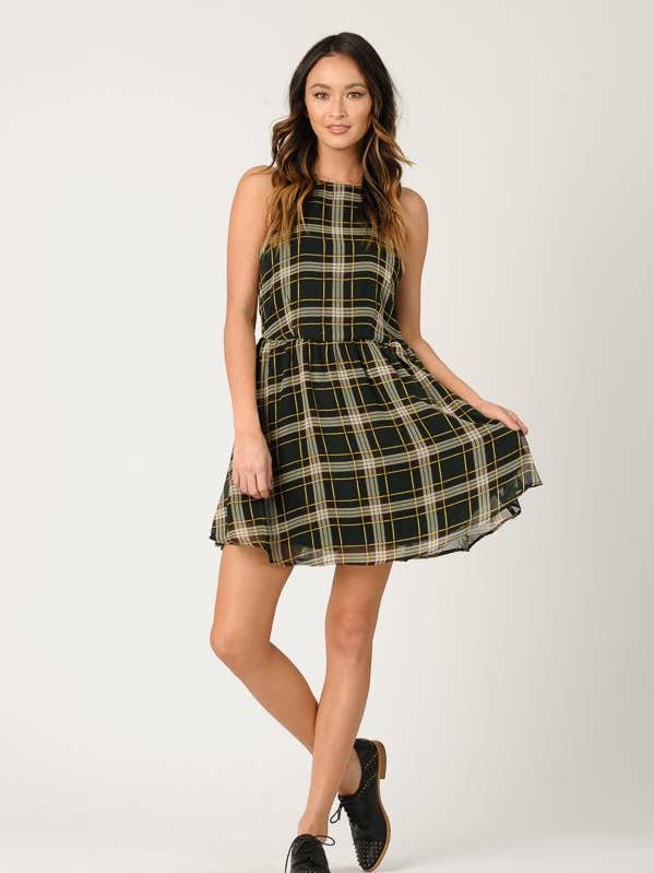 Chiffon Plaid HALTER SKATER DRESS | GREEN PLAID for wholesale by Lucca Couture