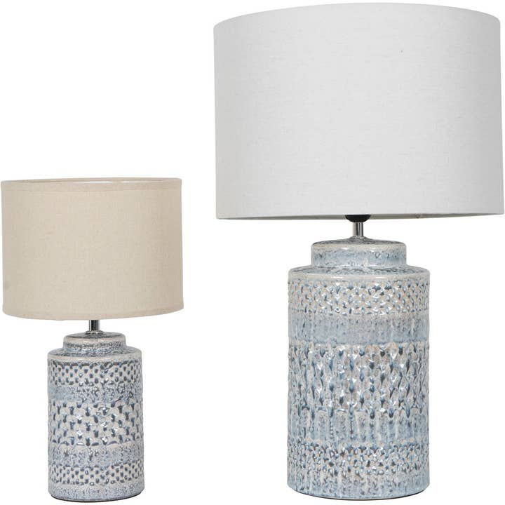 The Libra Company - Wholesale Accent/Desk Lamp - Stormy Sky Glaze Table Lamp with Cream Drum ShadeBrass and Agate Lamp Base - (Not available in USA)