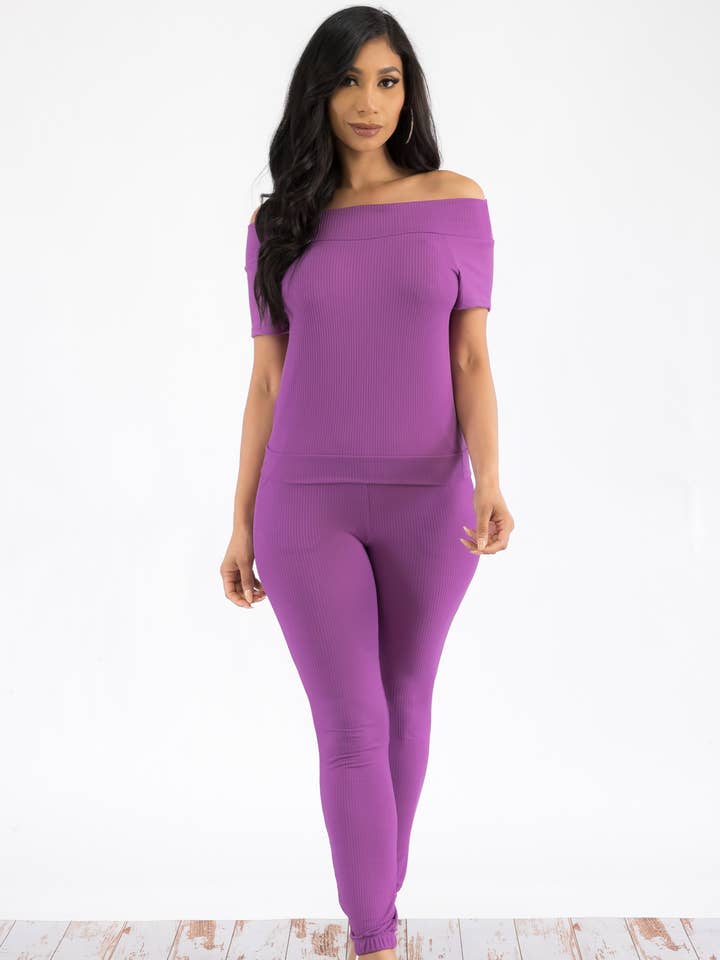 H&H Fashion Inc. - Wholesale Top & Pant Set (NOT Loungewear) - Women's - HH629R-SET - Off Shoulder Ribbed Set1