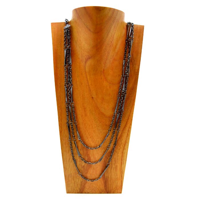 Metal turned Bar and 3 chain Necklace in gunmetal for wholesale by Erik & Mike