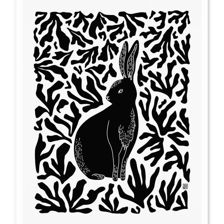 Bunny In The Forest Monochrome Art Print for wholesale by Wild Croft Studio