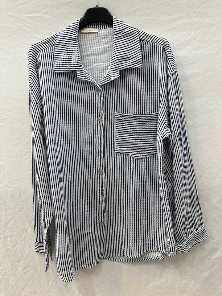 Mimi & Gogo - Wholesale Button Down Shirt - Women's - Striped Cotton Gauze Shirt Pocket @3230_ChRPoche