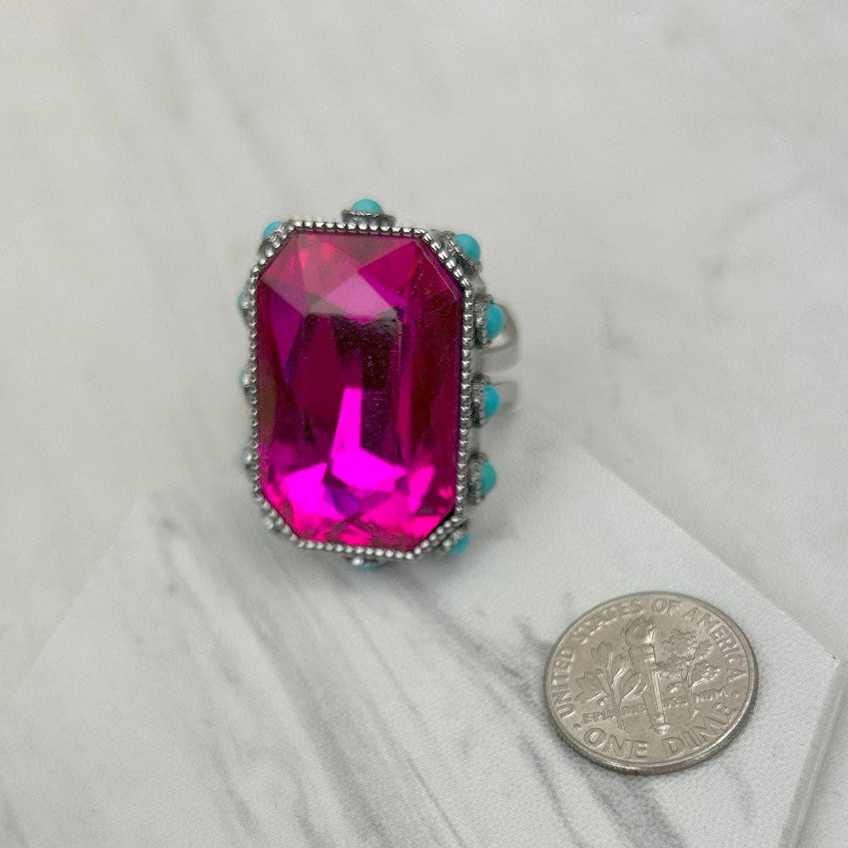 Western Elite Jewelry - Wholesale Cocktail/Statement Ring - RGY241130-02-CLEAR                        Silver metal with clear crystal and blue turquoise stone beads Ring3