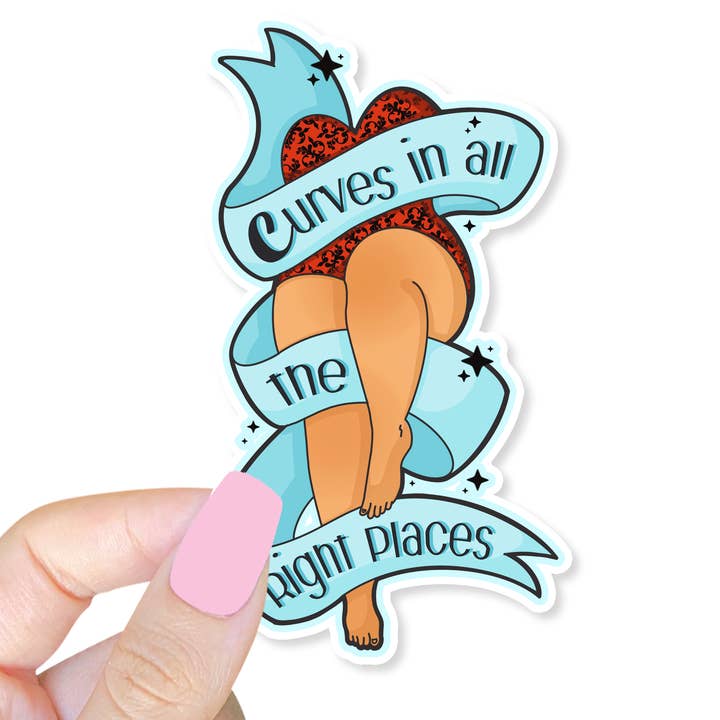 Curves In All The Right Places Blue Sticker for wholesale by Lil Charmery