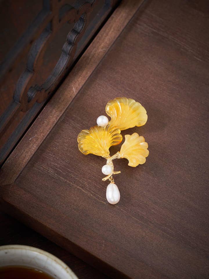 Amber Ginkgo Leaf Brooch, Gold Plated Silver Multi-Wear Pin for wholesale by Morado