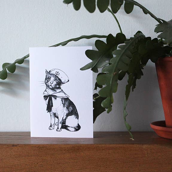 Sailor Cat Hand Illustrated Greeting Card for wholesale by Strange Goods