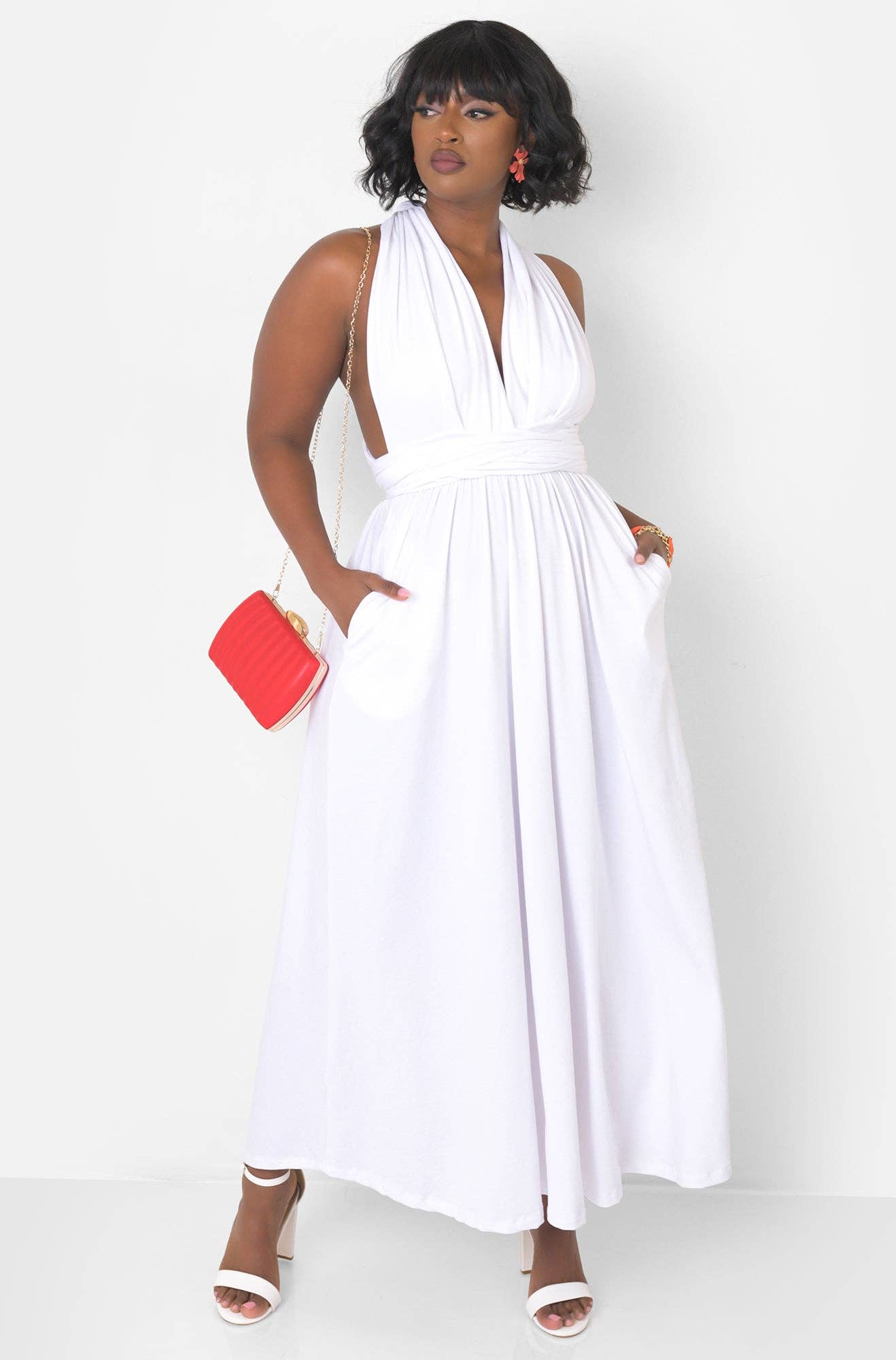 White Dreamy Sleeveless V Neck Multiway Skater Maxi Dress W. Pockets for wholesale on Faire15
