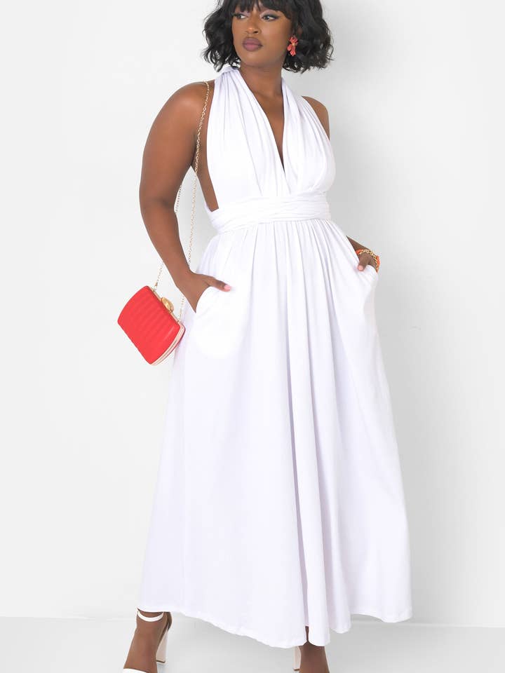 White Dreamy Sleeveless V Neck Multiway Skater Maxi Dress W. Pockets for wholesale on Faire15