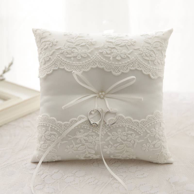 Floris Linens - Wholesale Pillow/Cushion - Kids & Baby - Three Pearl Wedding Ring Bearer Pillow with Lace2