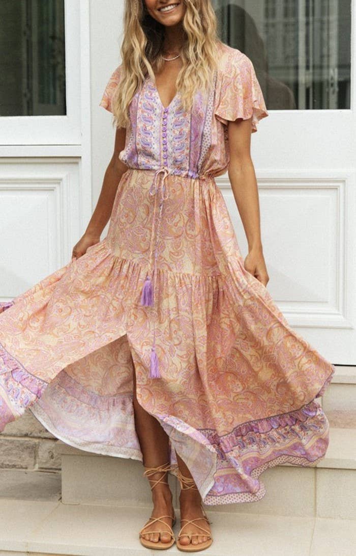 Rosa Clothing - Wholesale Dress - Women's - Bohemia Border Print Flutter Sleeve Maxi Dress4