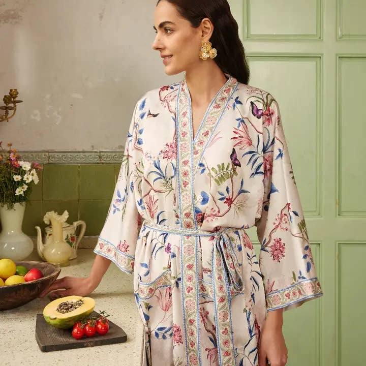 safistyle – wholesale Robe – Women's – Beige Chinoiserie Floral Kimono Robe - Spa Wrap for Bridal3