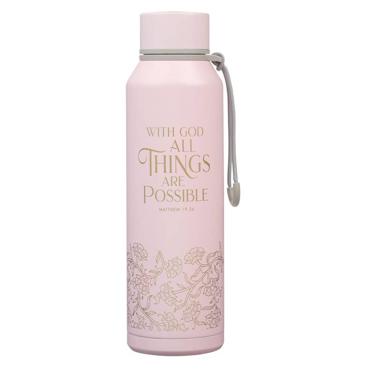 Water Bottle SS Pink With God Matt. 19:26 for wholesale by Christian Art Gifts