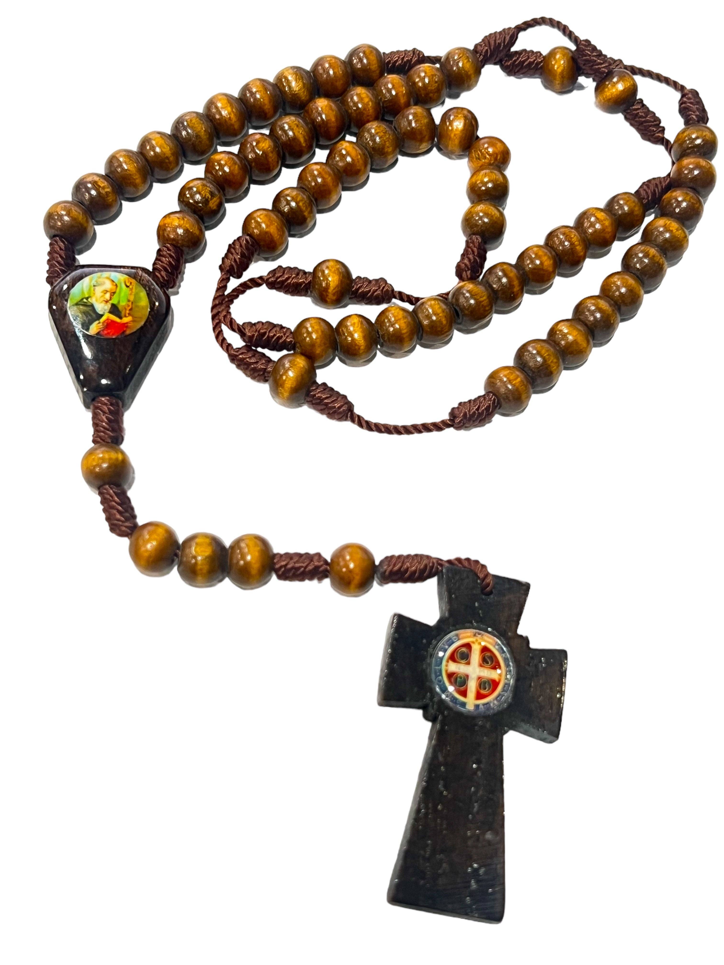 SAN JUDITAS RELIGIOUS ARTICLES - Wholesale Prayer beads necklace - WOODEN ROSARY: ST BENEDICT 8MM BROWN