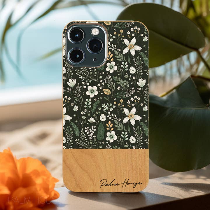 Real Wood iPhone Case, Wild Flower Dark Green, Made in Japan for wholesale by Palm House