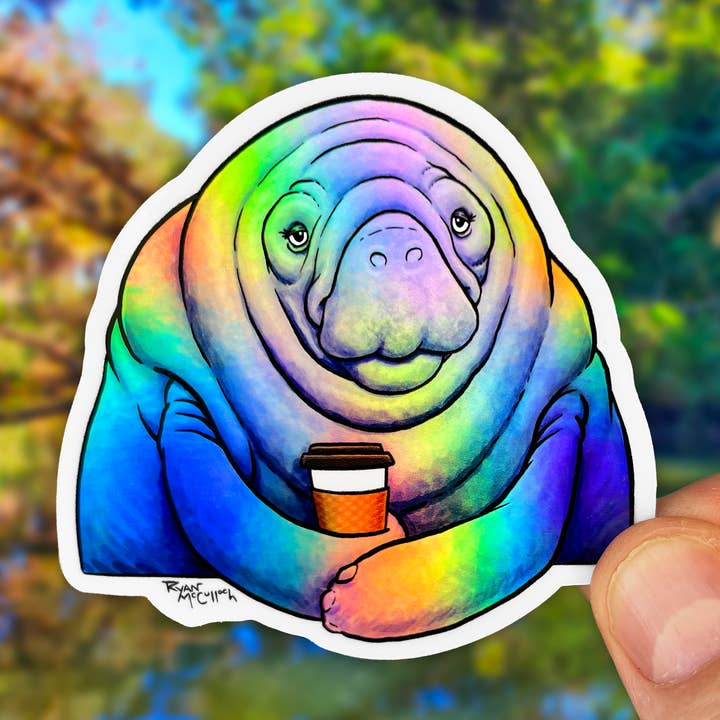 HOLOGRAPHIC STICKER: Coffee Loving Manatee for wholesale by Ryan McCulloch Art