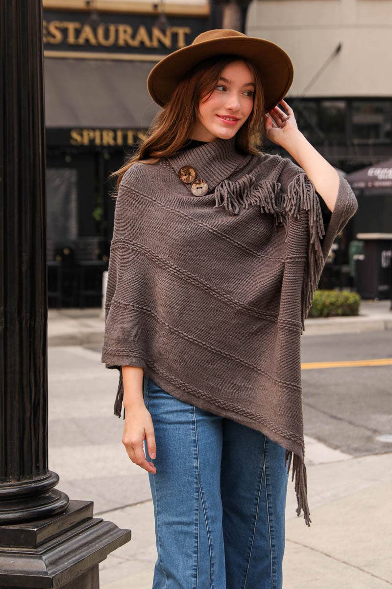 Leto Accessories - Wholesale Poncho - Women's - Button Neck Fringe Poncho - Fall & Winter Essential11