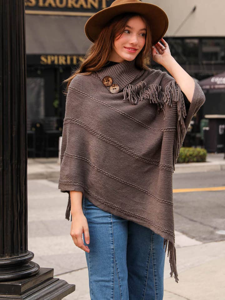 Leto Accessories - Wholesale Poncho - Women's - Button Neck Fringe Poncho - Fall & Winter Essential11