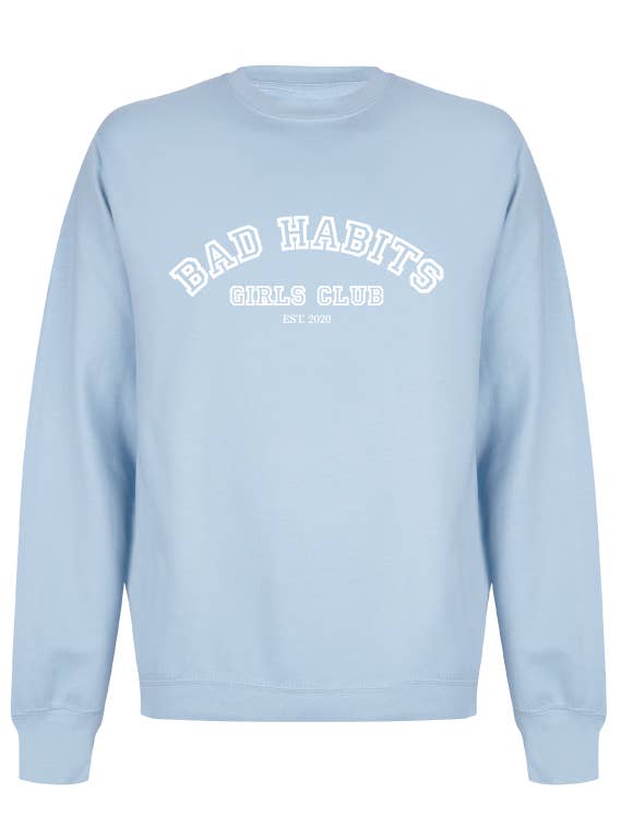 COLLEGE sweater soft blue voor wholesale door Bad Habits Girls Club
