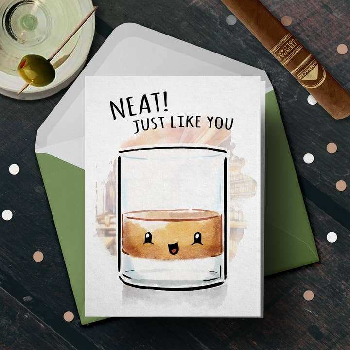 "Neat, Like You" - Cheeky Fun Whiskey Drink Fathers Day Card for wholesale by Aaron Millard Illustration