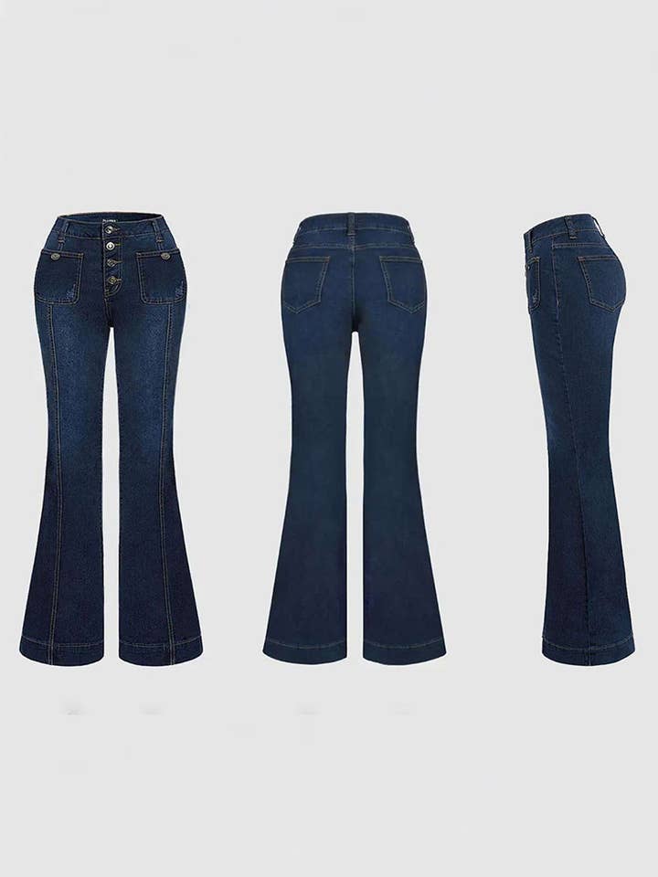 DOUBLJU - Wholesale Jeans - Women's - Retro High-Waisted Washed Jeans Flared Pants with Stretch1