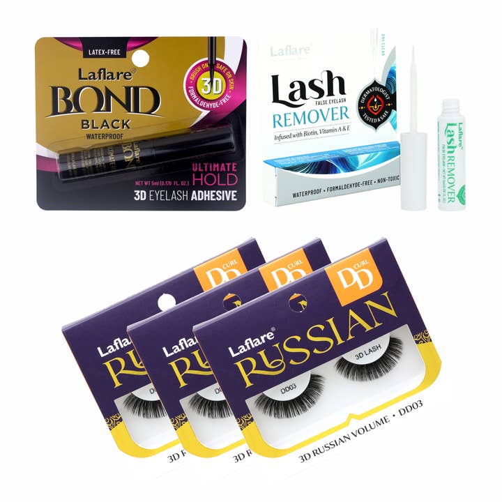 Laflare – wholesale Lösögonfransar – 3D ryska (MAX) volymmässiga, fluffiga, dramatiska, lätta, handgjorda DD Curl fransar 3 förpackningar med franslim och borttagare Allt i ett komplett kit