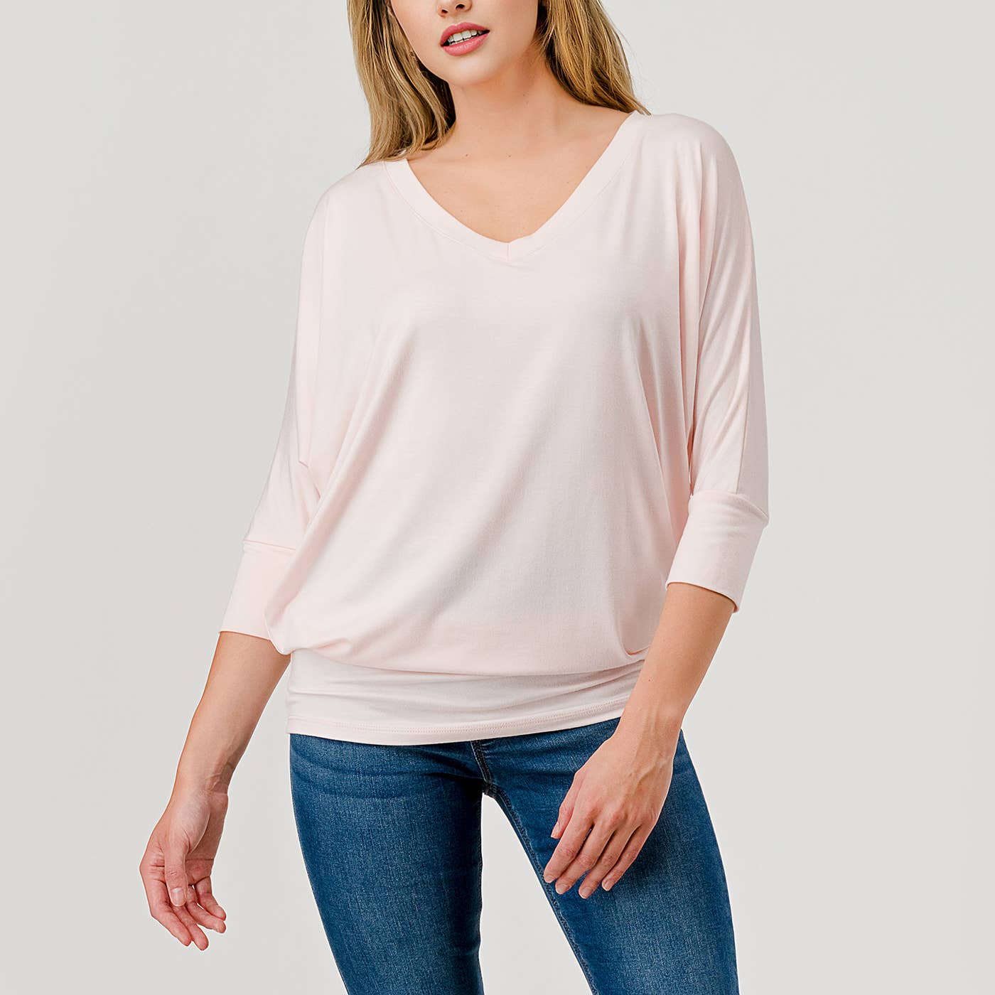 Heimious - Wholesale Knit Top - Women's - 3/4 Dolman Sleeve V-neck Modal Jersey Top, 257375