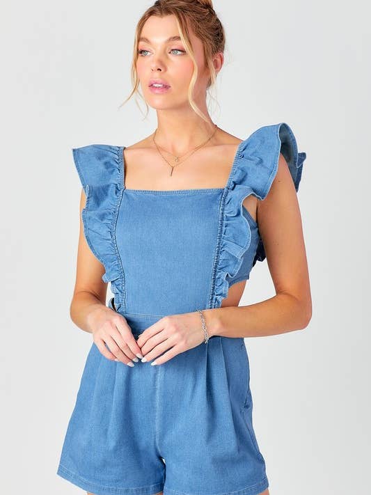 BABY PINK - Wholesale Romper - Women's - Ruffle Shoulder Denim Romper8