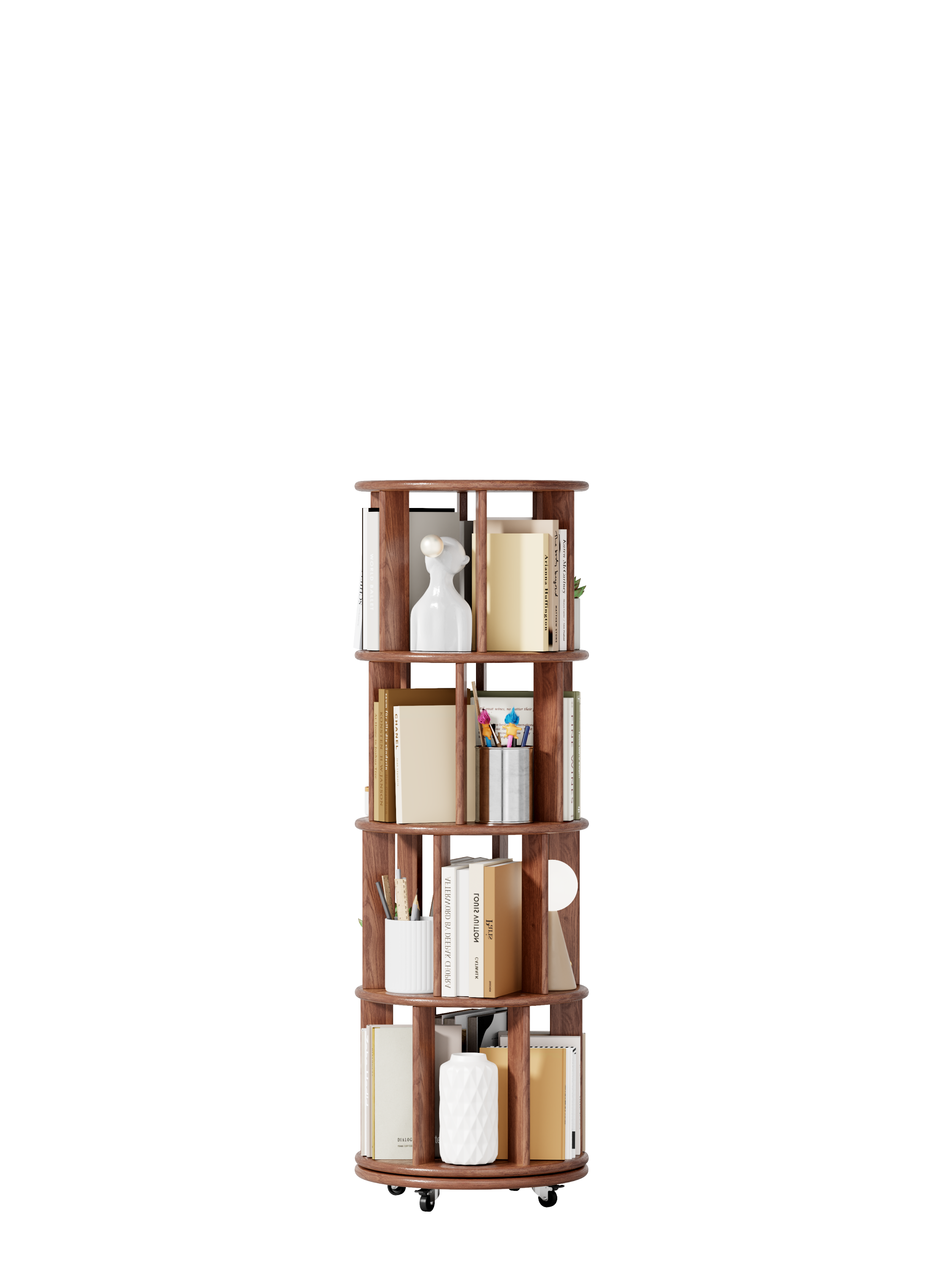 39F Inc. - Wholesale Bookcase - Walnut 4-Tier 100% Solid Wood Rotating Bookshelf with Wheel2