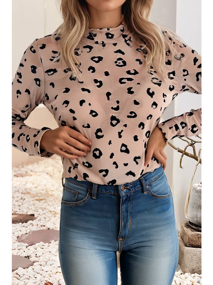 Khaki LDC Mock Neck Sheer Mesh Leopard Long Sleeve Bodysuit for wholesale on Faire