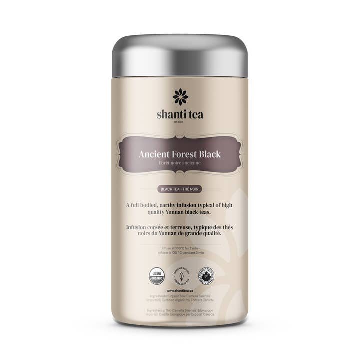 Ancient Forest Black, 15 Pyramid Tea Bags In Tin for wholesale by Shanti Tea