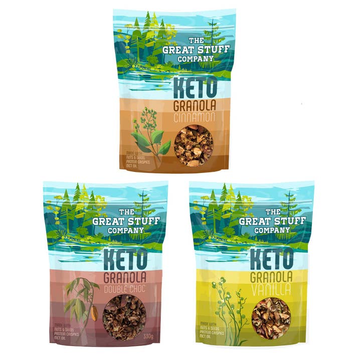 Keto Granola with MCT oil and Protein Crispies - Mixed Flavours - 3 x 330g bags for wholesale by The Great Stuff Company Ltd.