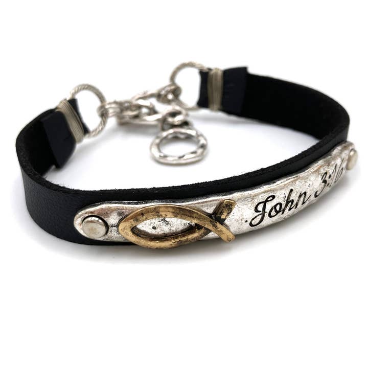 John 3:16 Ichthys Leather Wrap Bracelet for wholesale by Lunar Deer