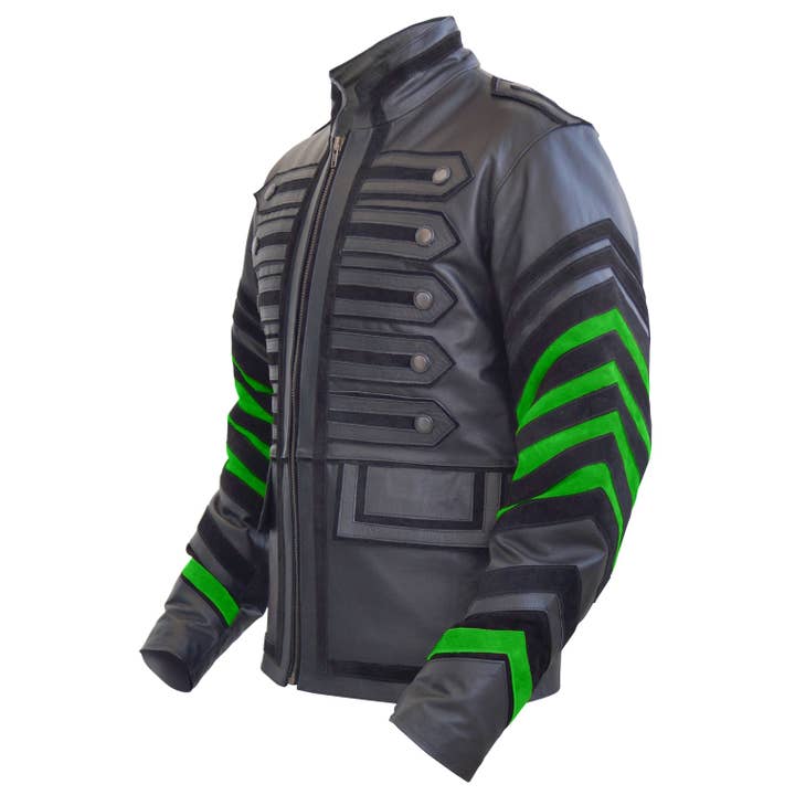 Men's Black Military Leather Jacket with Green Sleeves for wholesale by Leather Skin Shop