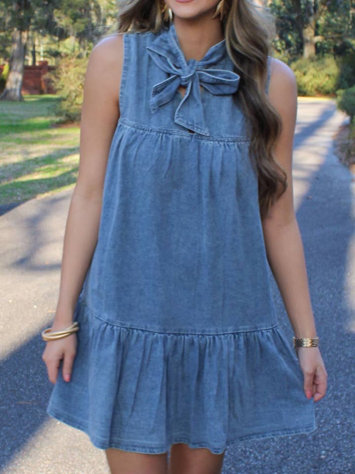 Blue Sleeveless Lace-Up Bow Loose Denim Dress for wholesale on Faire