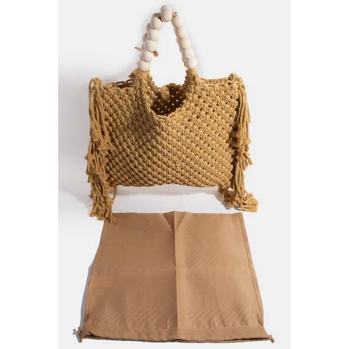Collections by Fame Accessories - Wholesale Tote Bag - Women's - Wooden Beaded Handle Braided Tote Bag