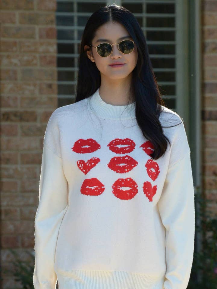 W2208SF77836- Holiday Lips Heart Graphic Pullover Sweater for wholesale by MOREGLAM