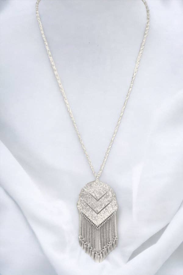 Silver Oblong Chevron Fringe Pendant Necklace for wholesale on Faire0