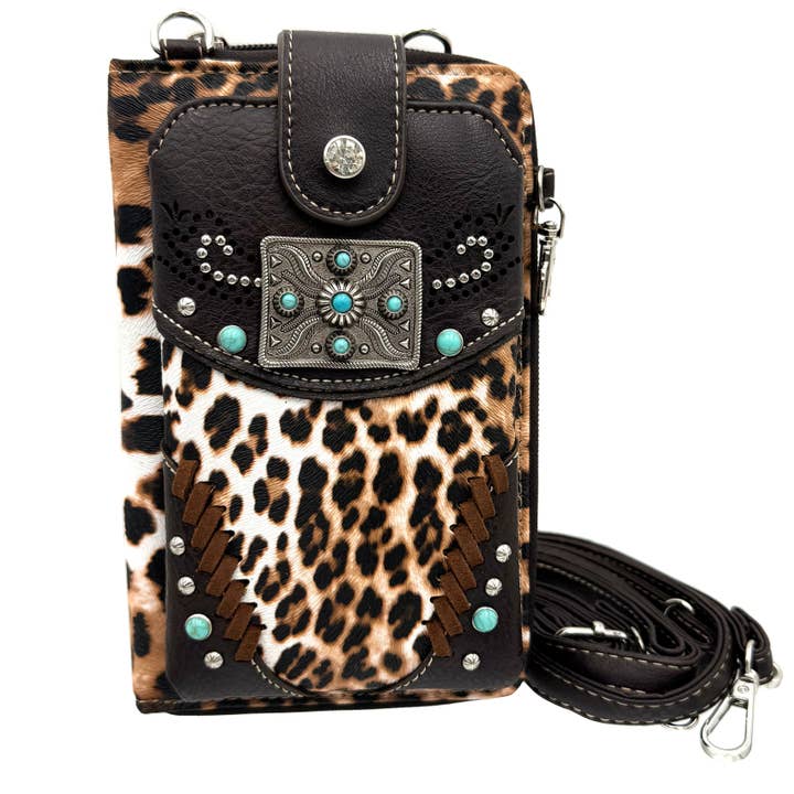 Lunar Deer - Wholesale Phone Wallet - Women's - Rectangle Concho Snow Leopard Print Western Phone Wallet