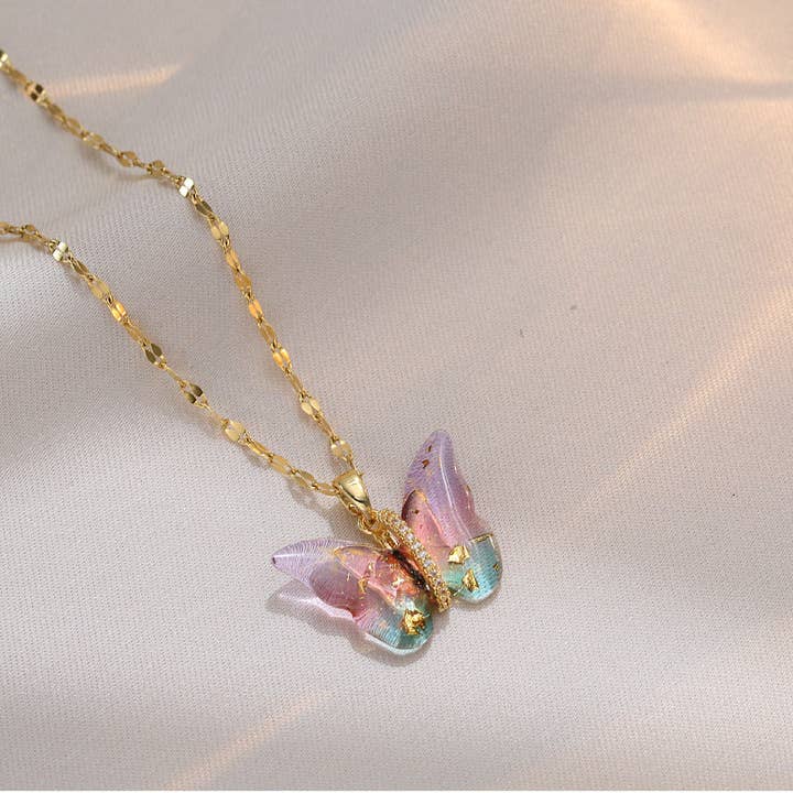 Perimade & Co. LLC - Wholesale Pendant/Charm Necklace - Colorful Butterfly Pendant Necklace in Stainless Steel