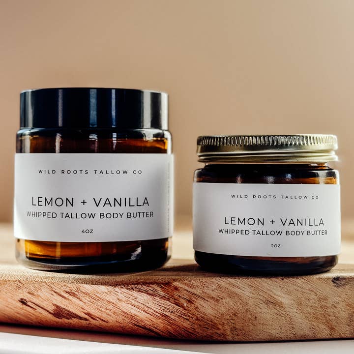 Lemon + Vanilla Tallow Body Butter |Â Brightening Body Whip for wholesale by Wild Roots Tallow Co.