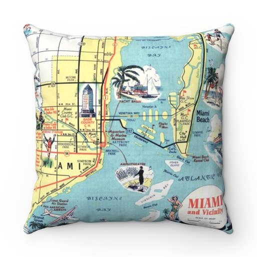 Daisy Mae Designs - Wholesale Throw/Decorative Pillow - Miami Florida Vintage Map Pillow – 18" Square Throw Pillow