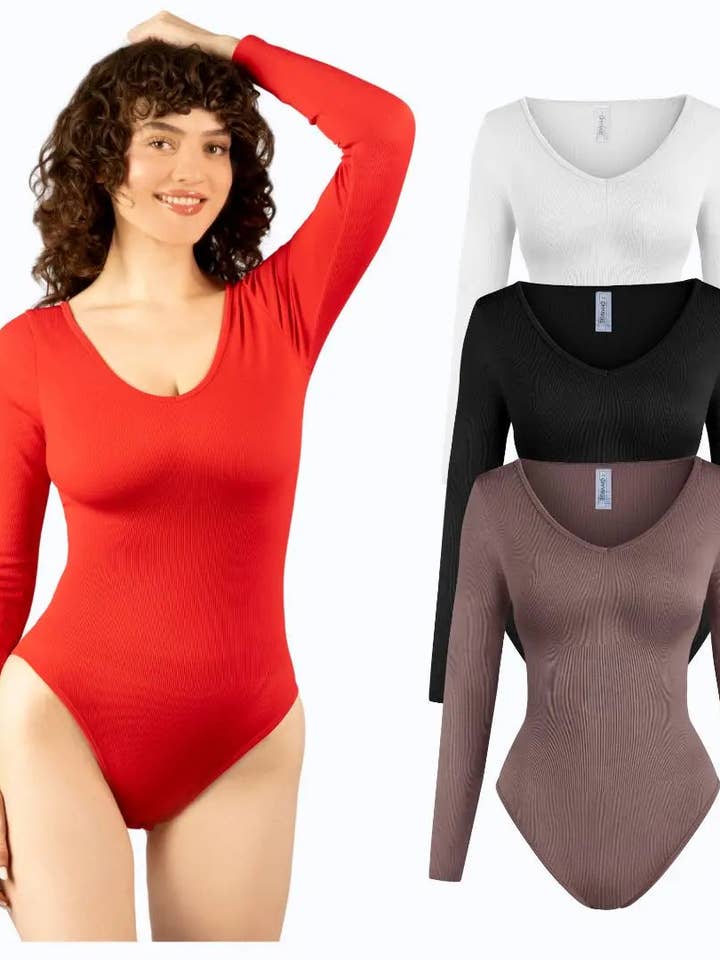 Verandering | 3-delige V-hals Shapewear Bodysuit Dames Lange Mouw Bodysuit, Geribbeld, Drukknoopsluiting, Zacht, Minimalistisch Ontwerp, Verkrijgbaar in Meerdere Kleuren voor wholesale door Under Control