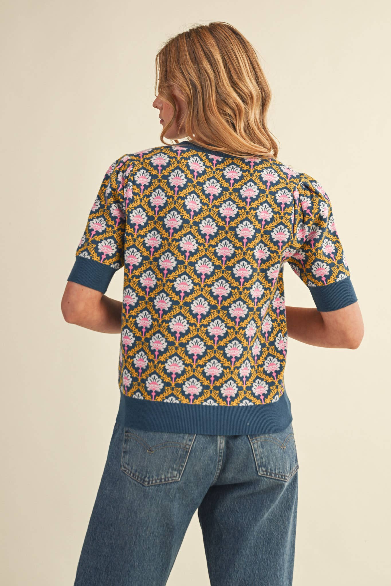 &MERCI - Wholesale Knit Sweater - Women's - FLORAL PATTERN SHORT SLEEVE SWEATER MSW1086013