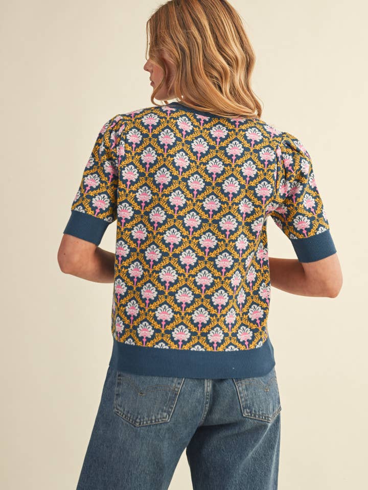 &MERCI - Wholesale Knit Sweater - Women's - FLORAL PATTERN SHORT SLEEVE SWEATER MSW1086013