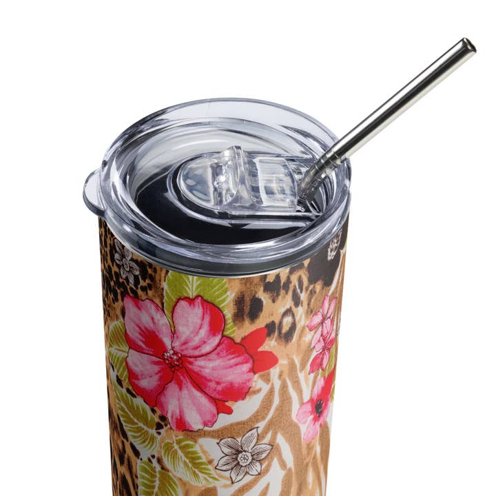 Kolorful Koality cheetah print and flowers tumbler, 20 oz stainless steel water bottle for wholesale by Quality Content LLC dba Koality Kontent