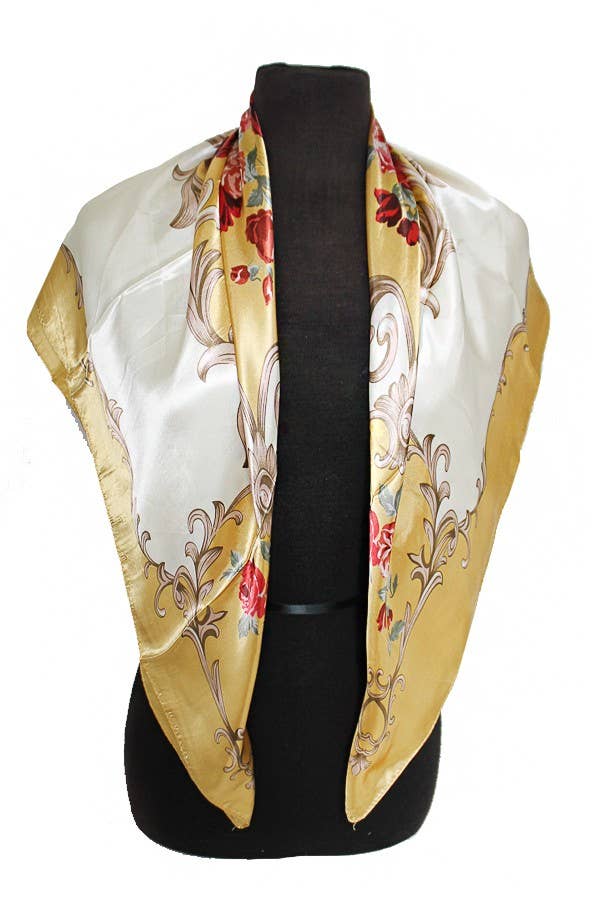 ASSORTED Rose And Golden Leaves Faux Silk Scarf for wholesale on Faire8