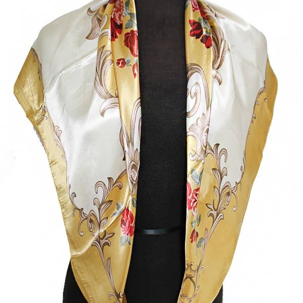 ASSORTED Rose And Golden Leaves Faux Silk Scarf for wholesale on Faire8