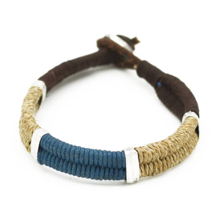 Aadi Blue and Tan Jute, Beads, and Leather Men's Bracelet for wholesale by Anju Jewelry
