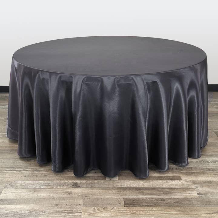 132 inch Satin Round Tablecloth Black for wholesale by YOUR CHAIR COVERS