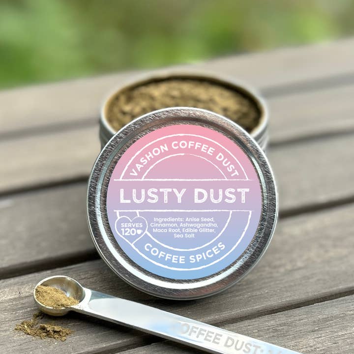 SPECIAL EDITION: Lusty Dust Coffee Dust | 120 servings | Anise, Cinnamon, Ashwagandha, Maca Root, Edible Glitter for wholesale by Vashon Island Coffee Dust